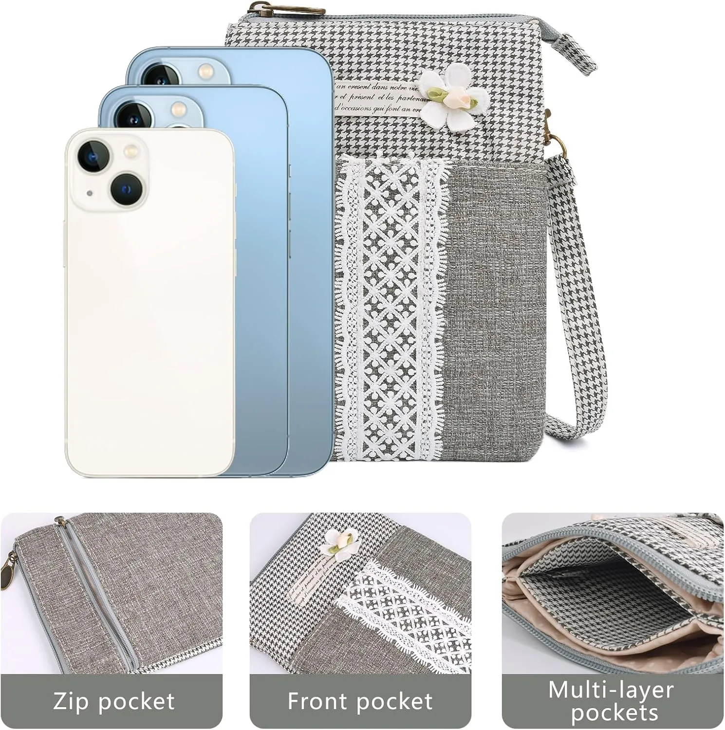 WITERY Leaf Pattern Canvas Cell Phone Purse Wallet Lightweight Small Crossbody Purse Bags for Women Girls
