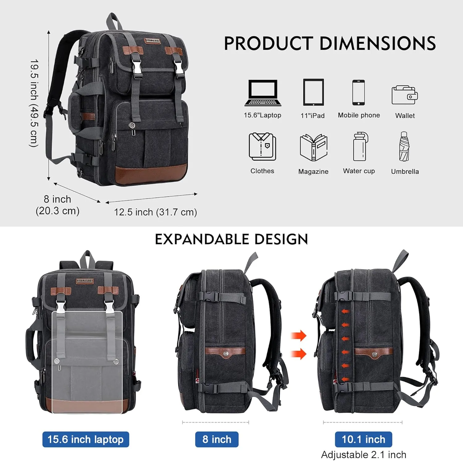 WITZMAN Canvas Travel Backpack for Men Large Laptop Backpack Fit 17 inch Carry-on Airline Approved Convertible Shoulder Rucksack(A6617-3 Black)