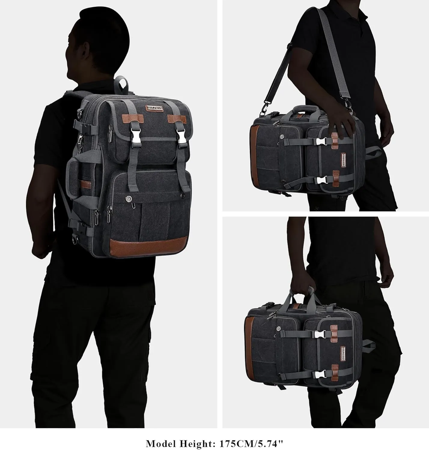 WITZMAN Canvas Travel Backpack for Men Large Laptop Backpack Fit 17 inch Carry-on Airline Approved Convertible Shoulder Rucksack(A6617-3 Black)