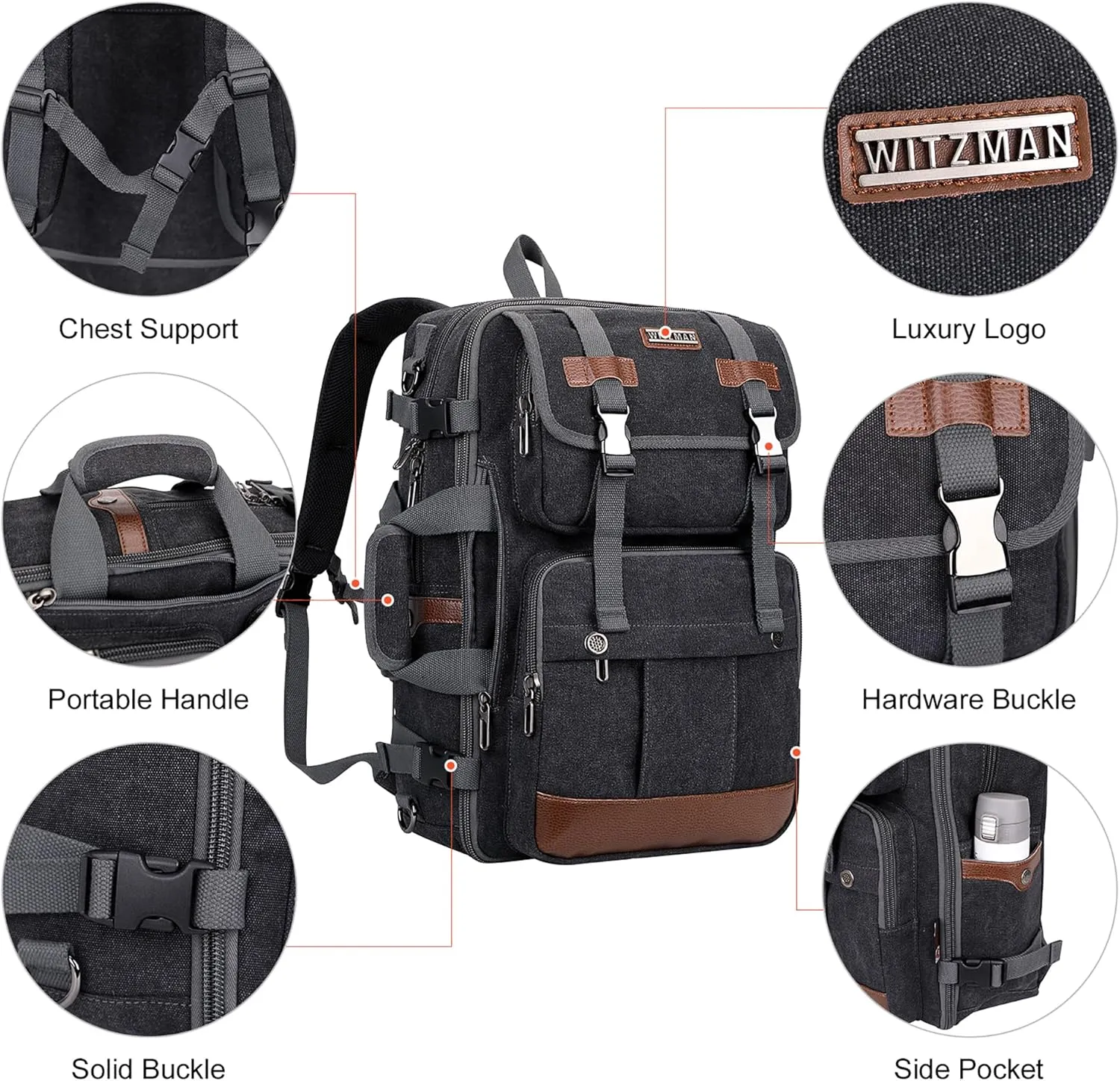 WITZMAN Canvas Travel Backpack for Men Large Laptop Backpack Fit 17 inch Carry-on Airline Approved Convertible Shoulder Rucksack(A6617-3 Black)