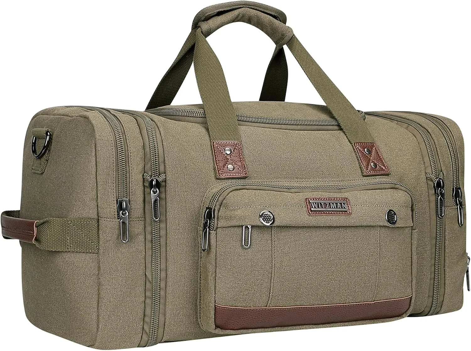 WITZMAN Mens Duffle Bags for Traveling Canvas Weekender Travel Bag Expandable Overnight Bag Carry on Bag(A8007 Army Green)