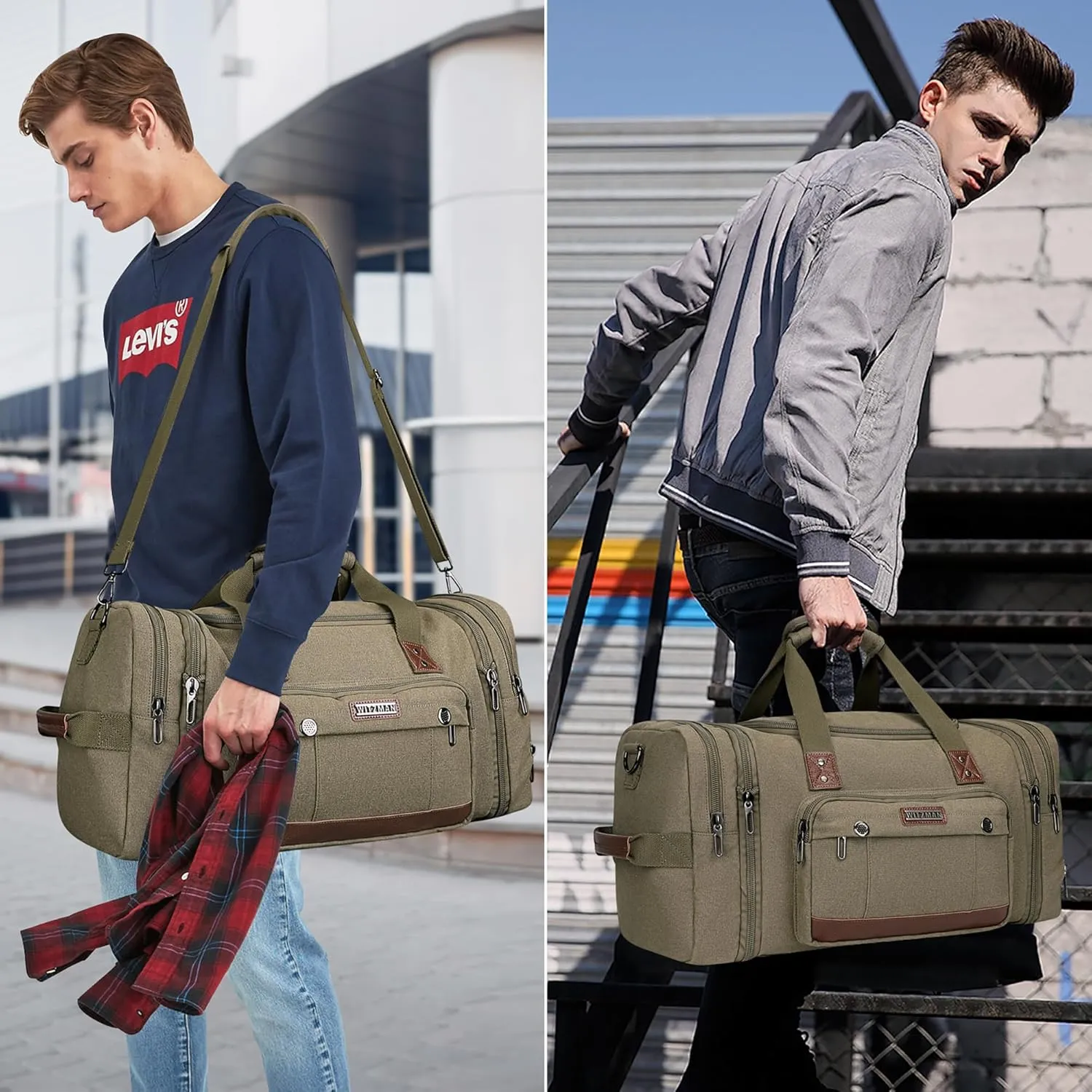 WITZMAN Mens Duffle Bags for Traveling Canvas Weekender Travel Bag Expandable Overnight Bag Carry on Bag(A8007 Army Green)