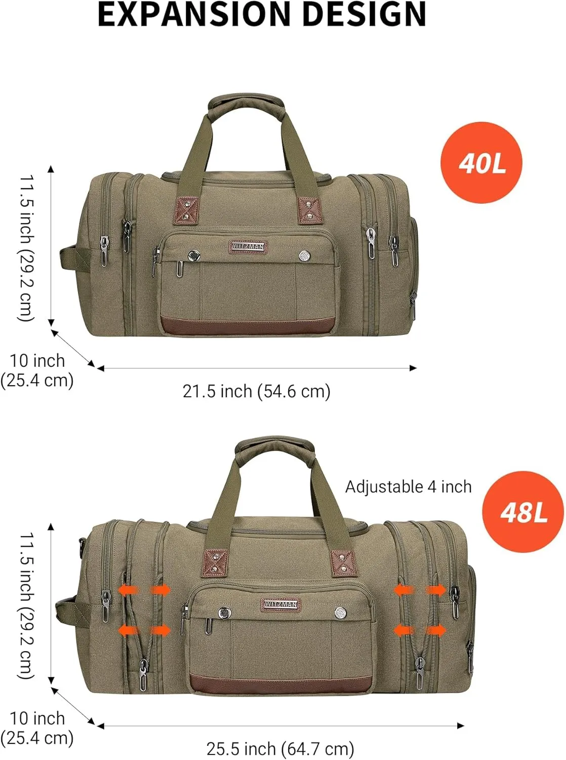 WITZMAN Mens Duffle Bags for Traveling Canvas Weekender Travel Bag Expandable Overnight Bag Carry on Bag(A8007 Army Green)