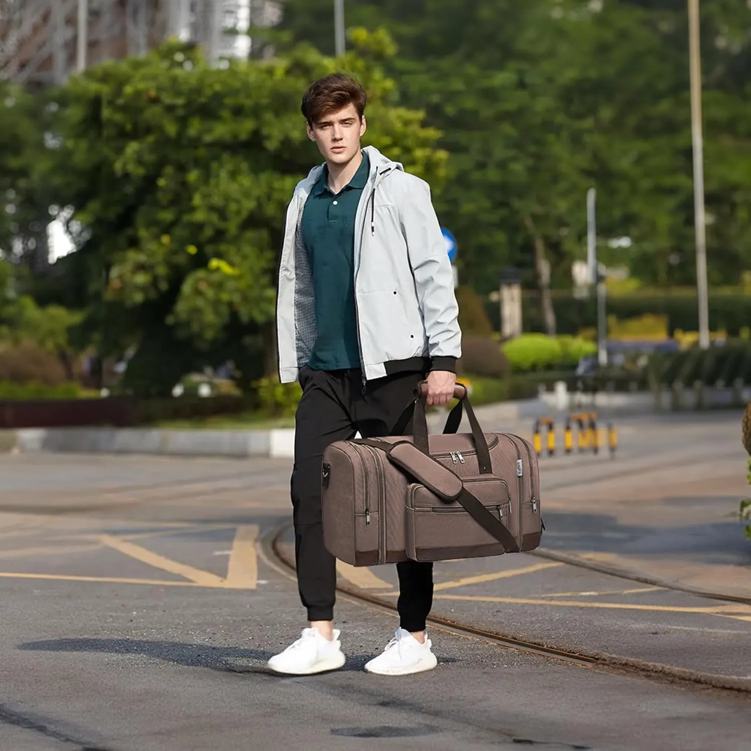 Wolhbege Duffle Bag for Travel,Mens Travel Bag & Carry On Bag for Men with Expandable Design and Luggage Sleeve –Duffel Bag for Gym, Weekender, Overnight Trips Brown