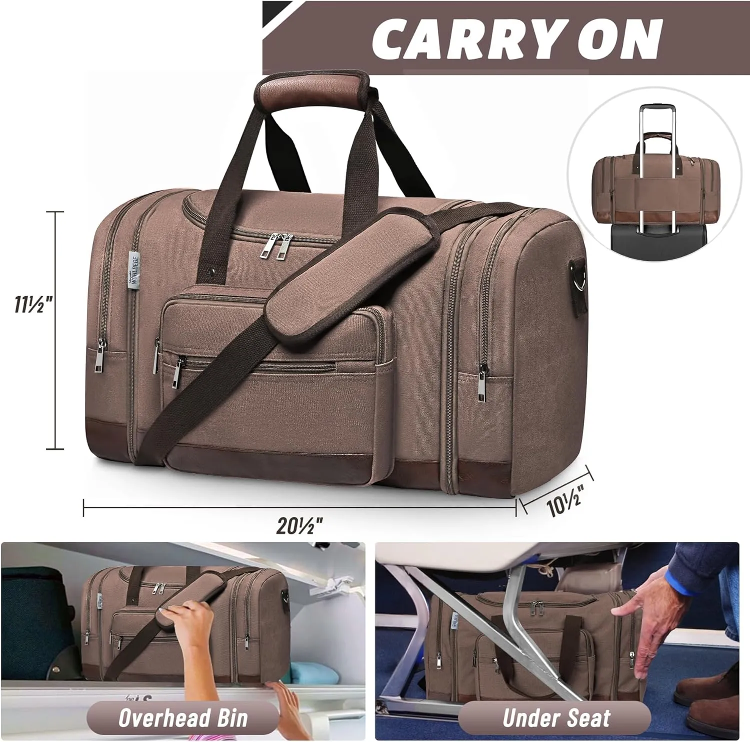 Wolhbege Duffle Bag for Travel,Mens Travel Bag & Carry On Bag for Men with Expandable Design and Luggage Sleeve –Duffel Bag for Gym, Weekender, Overnight Trips Brown