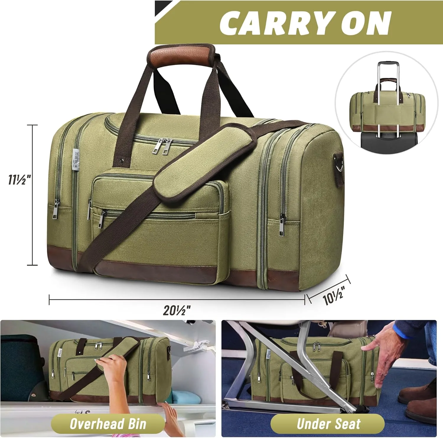 Wolhbege Duffle Bag for Travel,Mens Travel Bag & Carry On Bag for Men with Expandable Design and Luggage Sleeve –Duffel Bag for Gym, Weekender, Overnight Trips Green