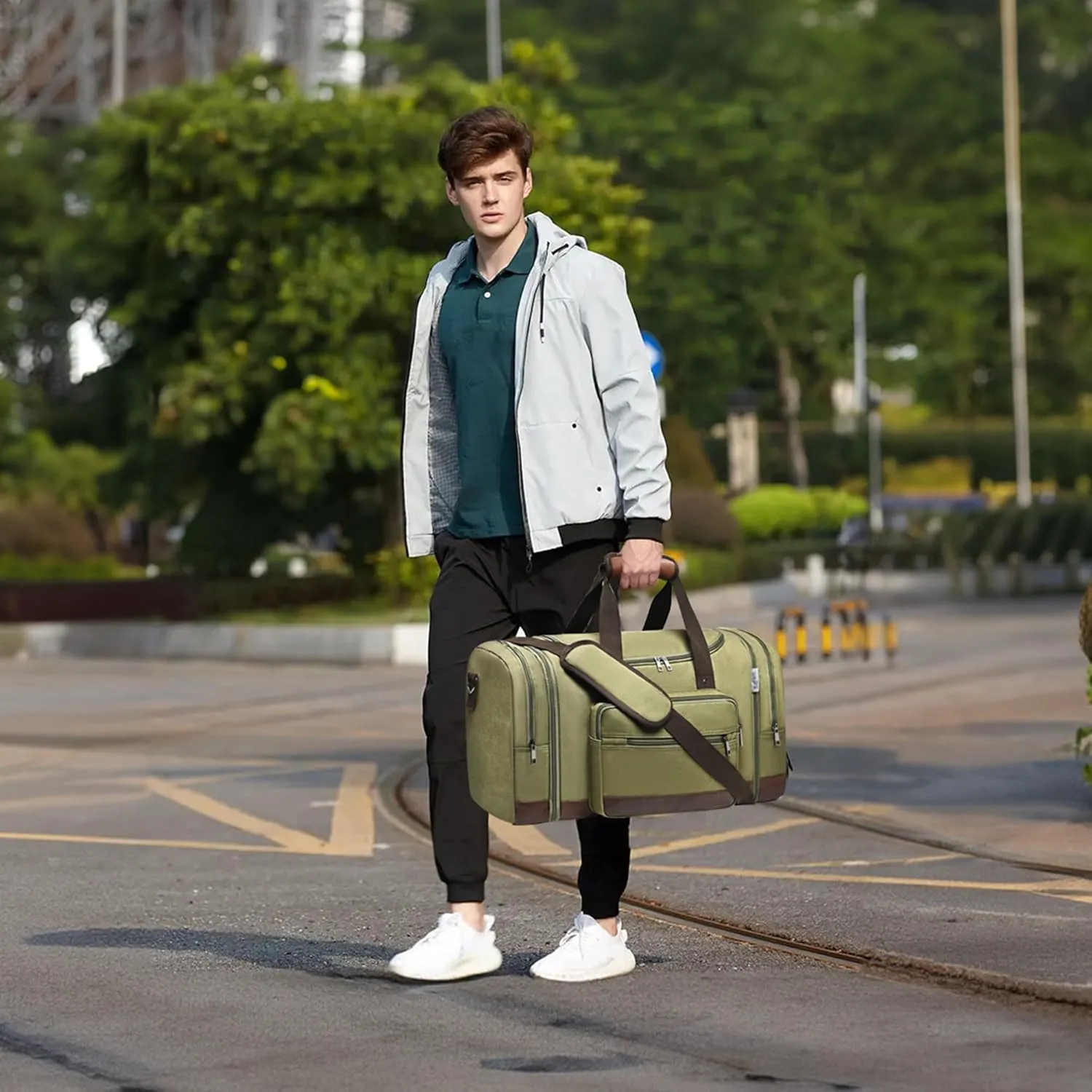 Wolhbege Duffle Bag for Travel,Mens Travel Bag & Carry On Bag for Men with Expandable Design and Luggage Sleeve –Duffel Bag for Gym, Weekender, Overnight Trips Green