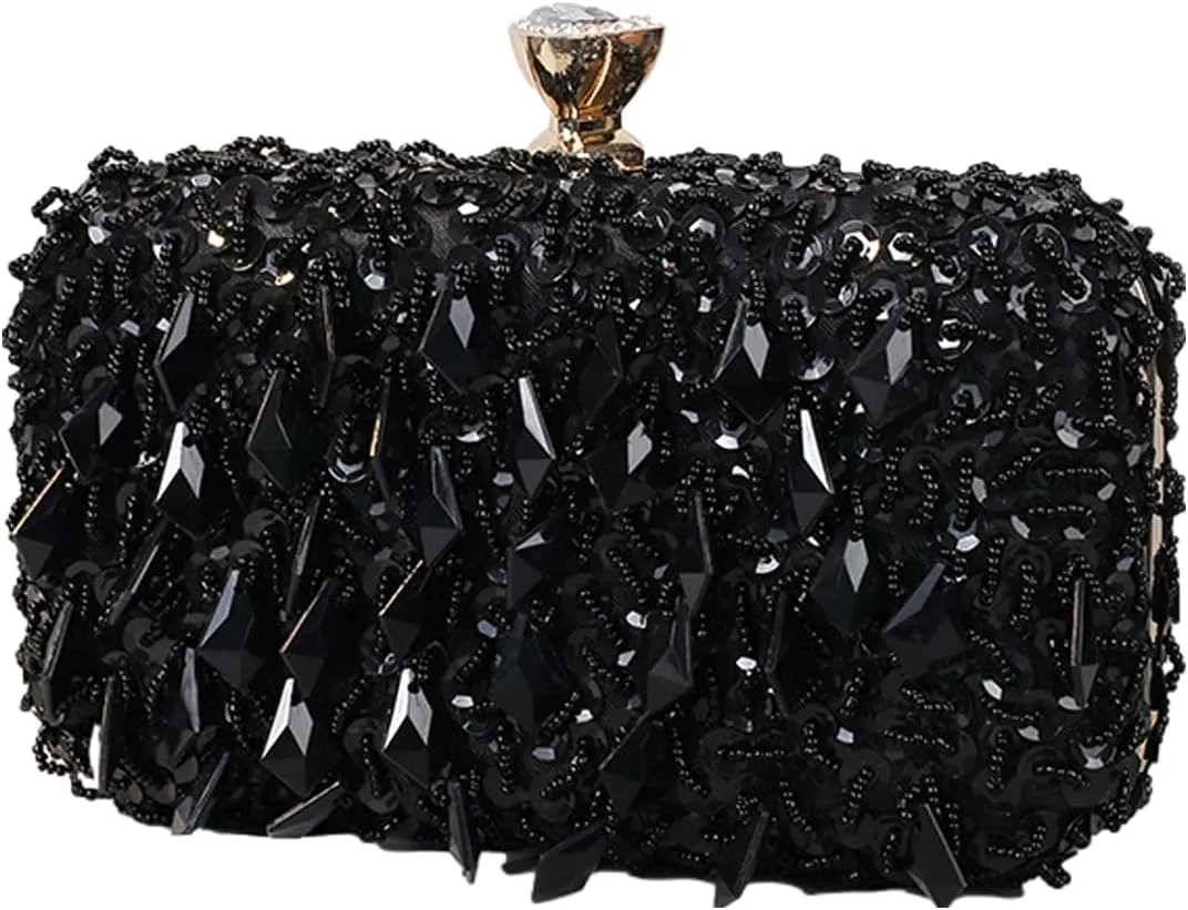 Women Bling Evening Bag Fashion Embroidered Beaded Sequin Clutch Cocktail Wedding Party Purse, Black