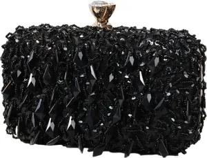 Women Bling Evening Bag Fashion Embroidered Beaded Sequin Clutch Cocktail Wedding Party Purse, Black