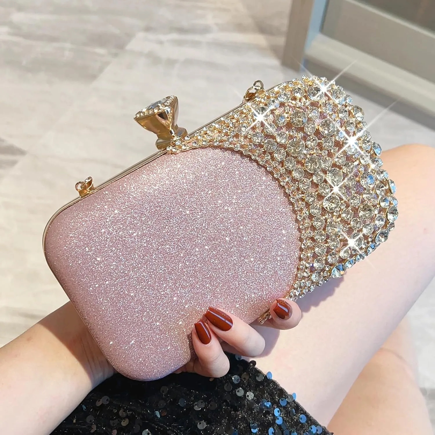 Women Clutch Bag Rhinestone Sequin Evening Bag Half-Moon Shape Crystal Wedding Cocktail Party Purse Sparkling purse