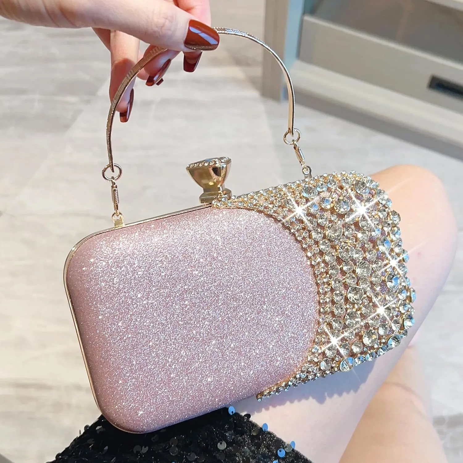 Women Clutch Bag Rhinestone Sequin Evening Bag Half-Moon Shape Crystal Wedding Cocktail Party Purse Sparkling purse