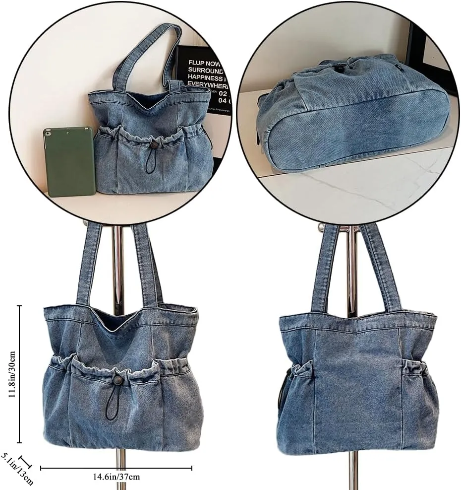 Women Denim Shoulder Handbag Classic Versatile Underarm Bag Large Capacity Tote Purse with Multiple Pockets