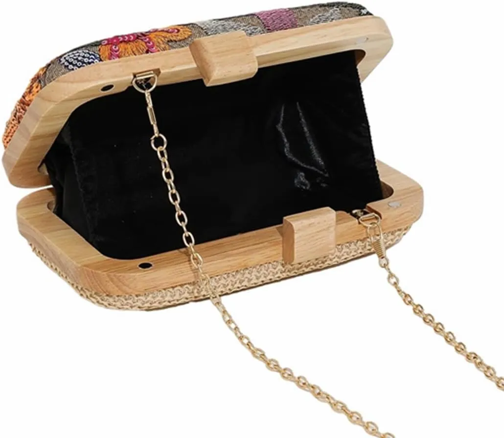 Women Embroidered Sequin Flower Evening Bag Glitter Beaded Handbag Straw Woven Clutch Purse with Chain for Party