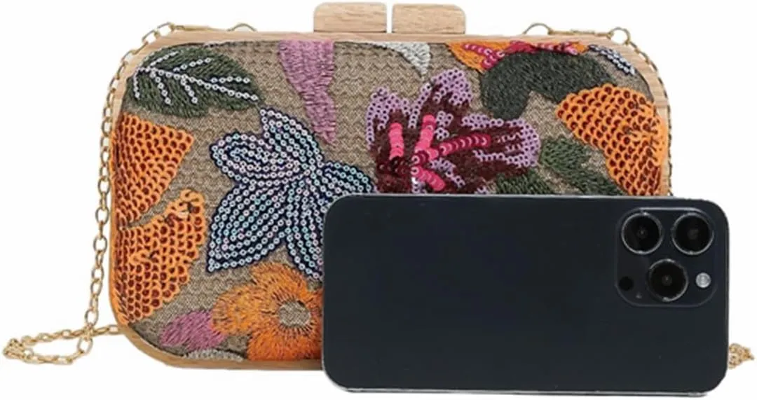 Women Embroidered Sequin Flower Evening Bag Glitter Beaded Handbag Straw Woven Clutch Purse with Chain for Party