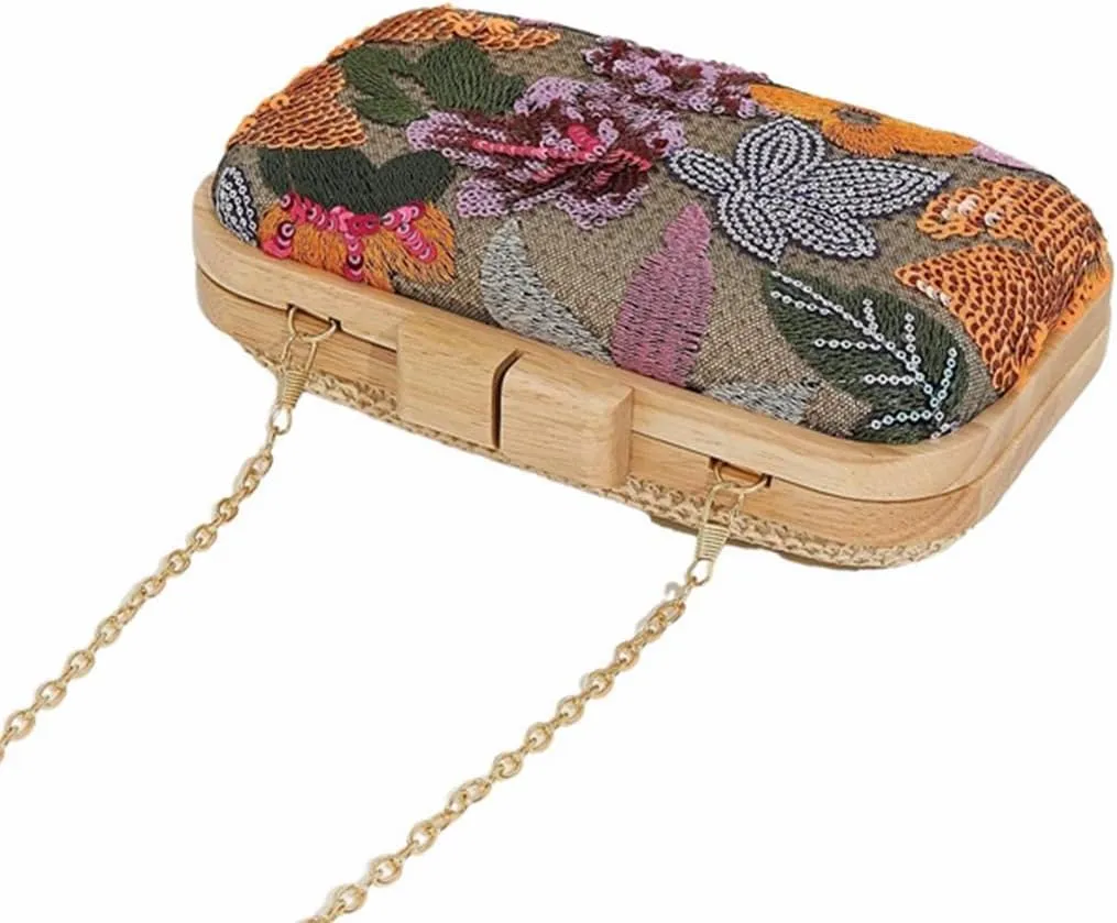 Women Embroidered Sequin Flower Evening Bag Glitter Beaded Handbag Straw Woven Clutch Purse with Chain for Party