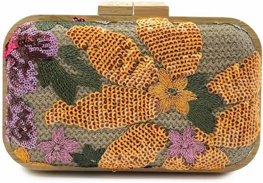 Women Embroidered Sequin Flower Evening Bag Glitter Beaded Handbag Straw Woven Clutch Purse with Chain for Party