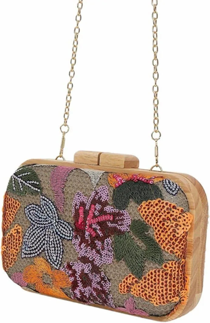 Women Embroidered Sequin Flower Evening Bag Glitter Beaded Handbag Straw Woven Clutch Purse with Chain for Party