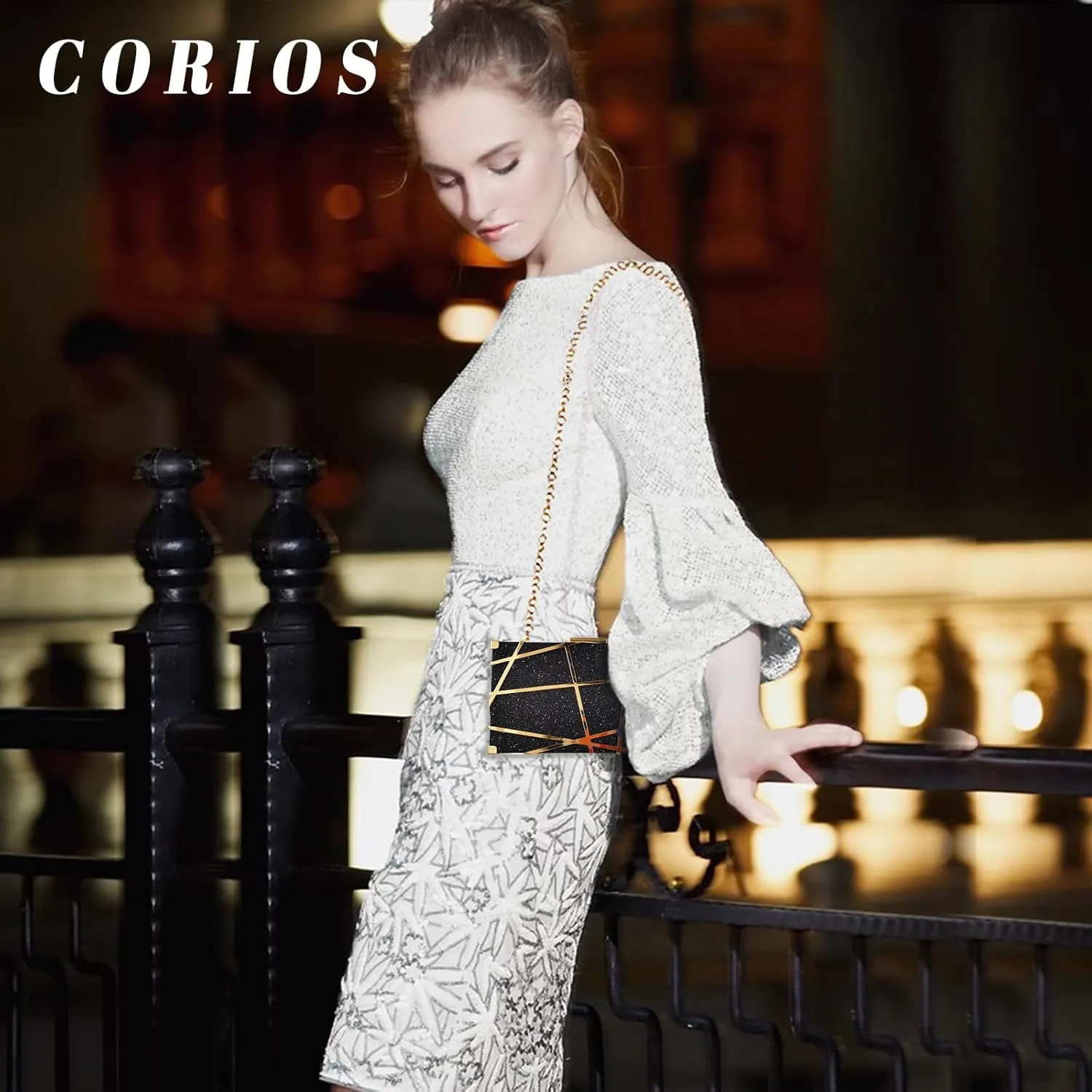 Women Evening Bag Geometric Clutch Bag Sparkly Sequin Handbag Bridal Wedding Purse Elegant Shoulder Bag With Chain
