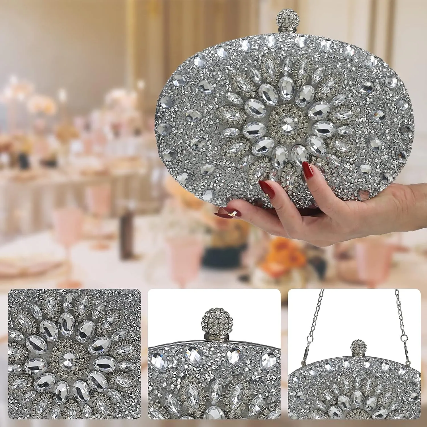 Women Evening Bag Rhinestone Clutch Purse Sparkly Sequin Handbag