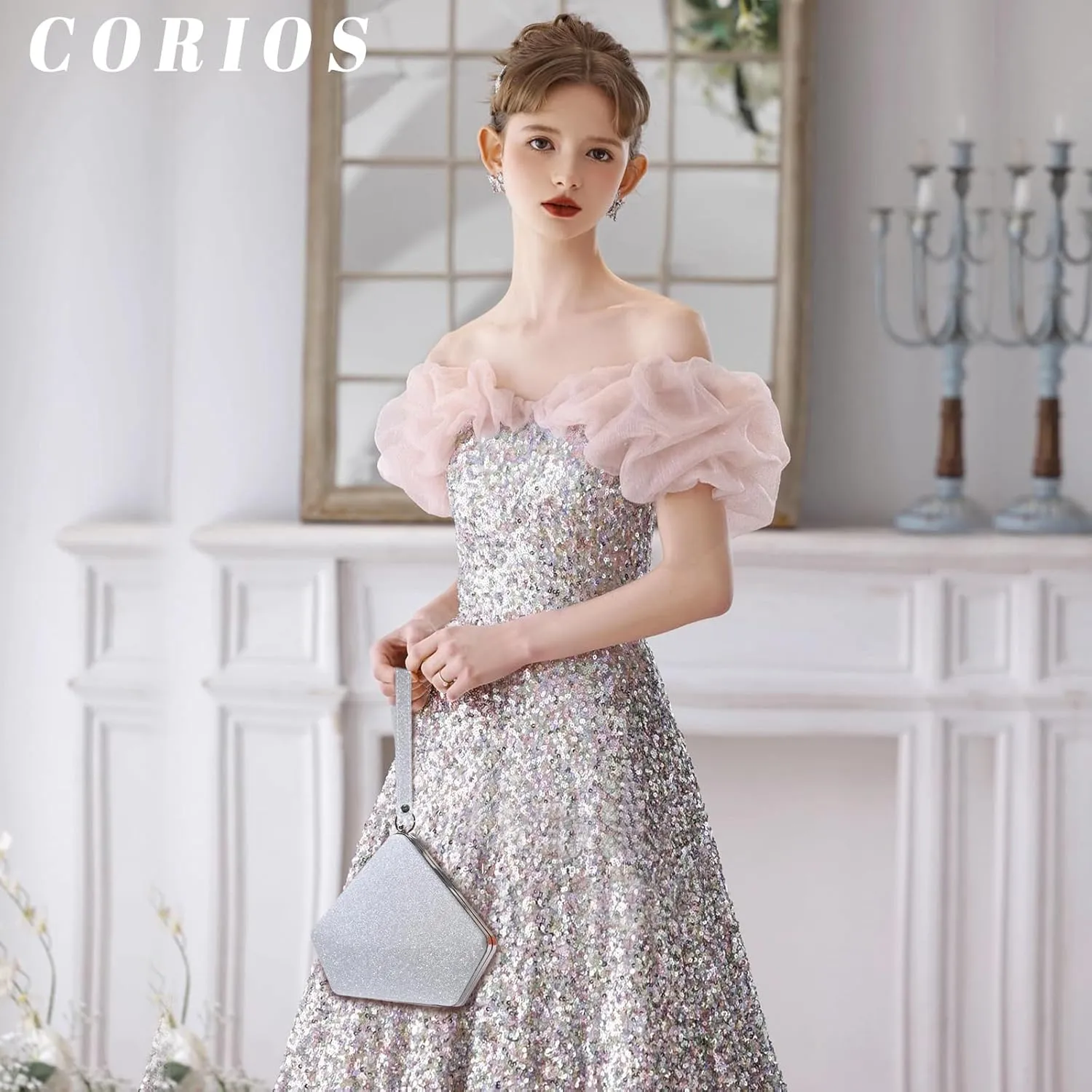 Women Evening Bag Sequin Clutch Bag Bridal Wedding Purse Ladies Sparkly Handbag Glitter Pentagon Shoulder Bag