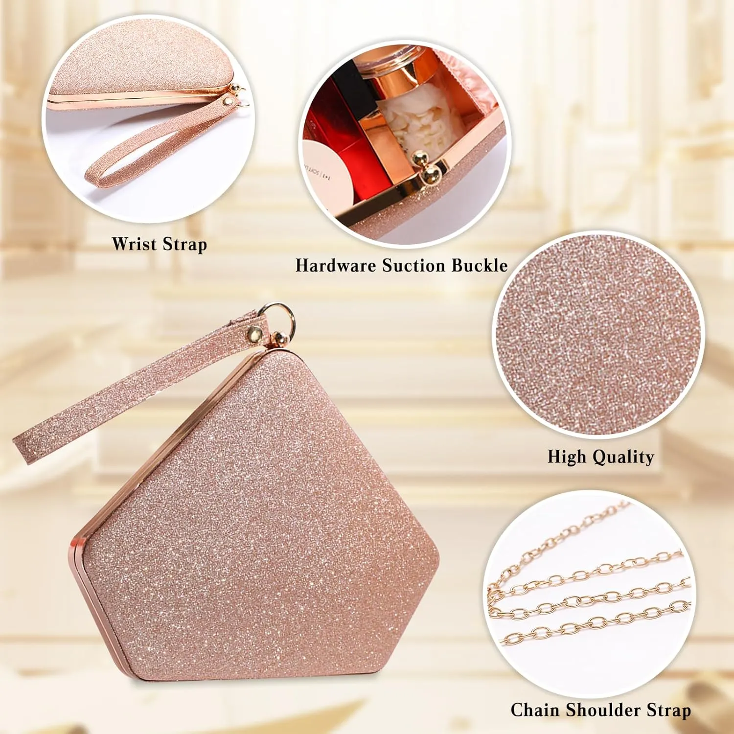 Women Evening Bag Sequin Clutch Bag Bridal Wedding Purse Ladies Sparkly Handbag Glitter Pentagon Shoulder Bag