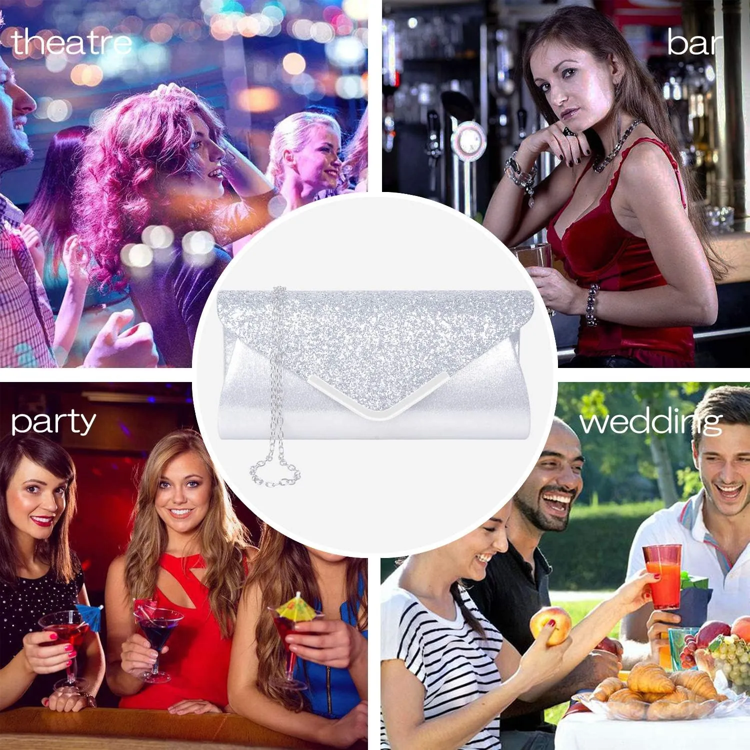 Women Evening Envelope Handbag Prom Sequin Clutch Purse Shoulder Cross Body Bag