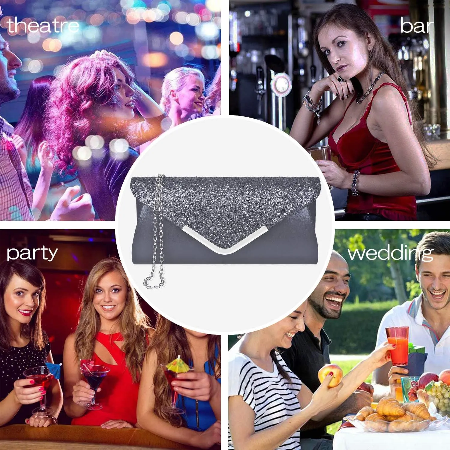 Women Evening Envelope Handbag Prom Sequin Clutch Purse Shoulder Cross Body Bag