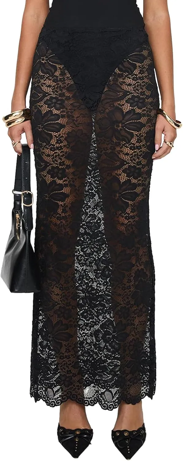 Women Fairy Lace Maxi Skirt Y2K Vintage Sheer Mesh Lace Floral Bodycon Long Skirt Sexy See-Through Half Slip Skirts