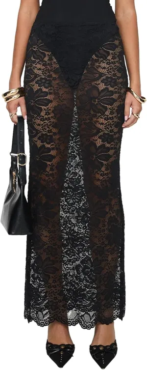 Women Fairy Lace Maxi Skirt Y2K Vintage Sheer Mesh Lace Floral Bodycon Long Skirt Sexy See-Through Half Slip Skirts