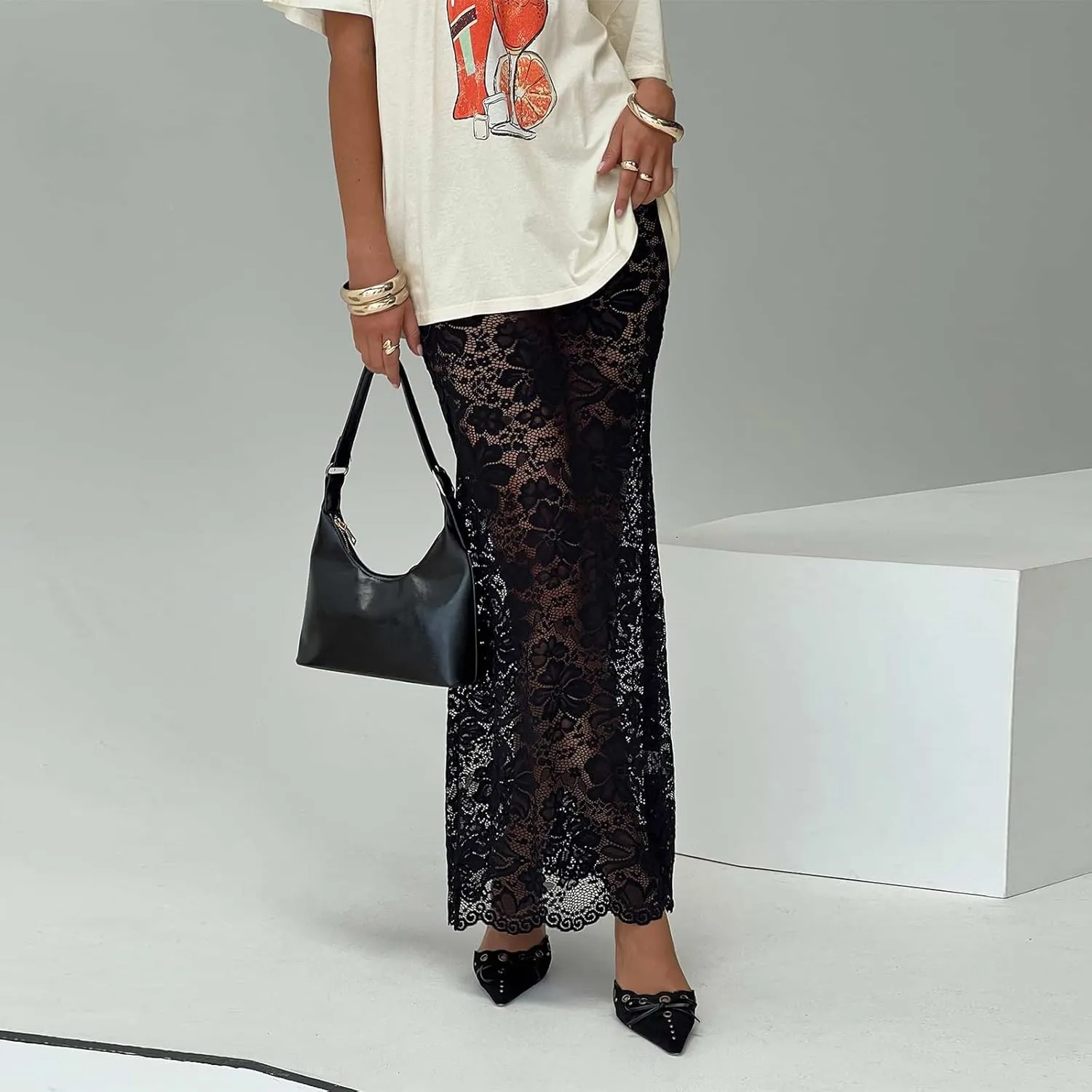 Women Fairy Lace Maxi Skirt Y2K Vintage Sheer Mesh Lace Floral Bodycon Long Skirt Sexy See-Through Half Slip Skirts