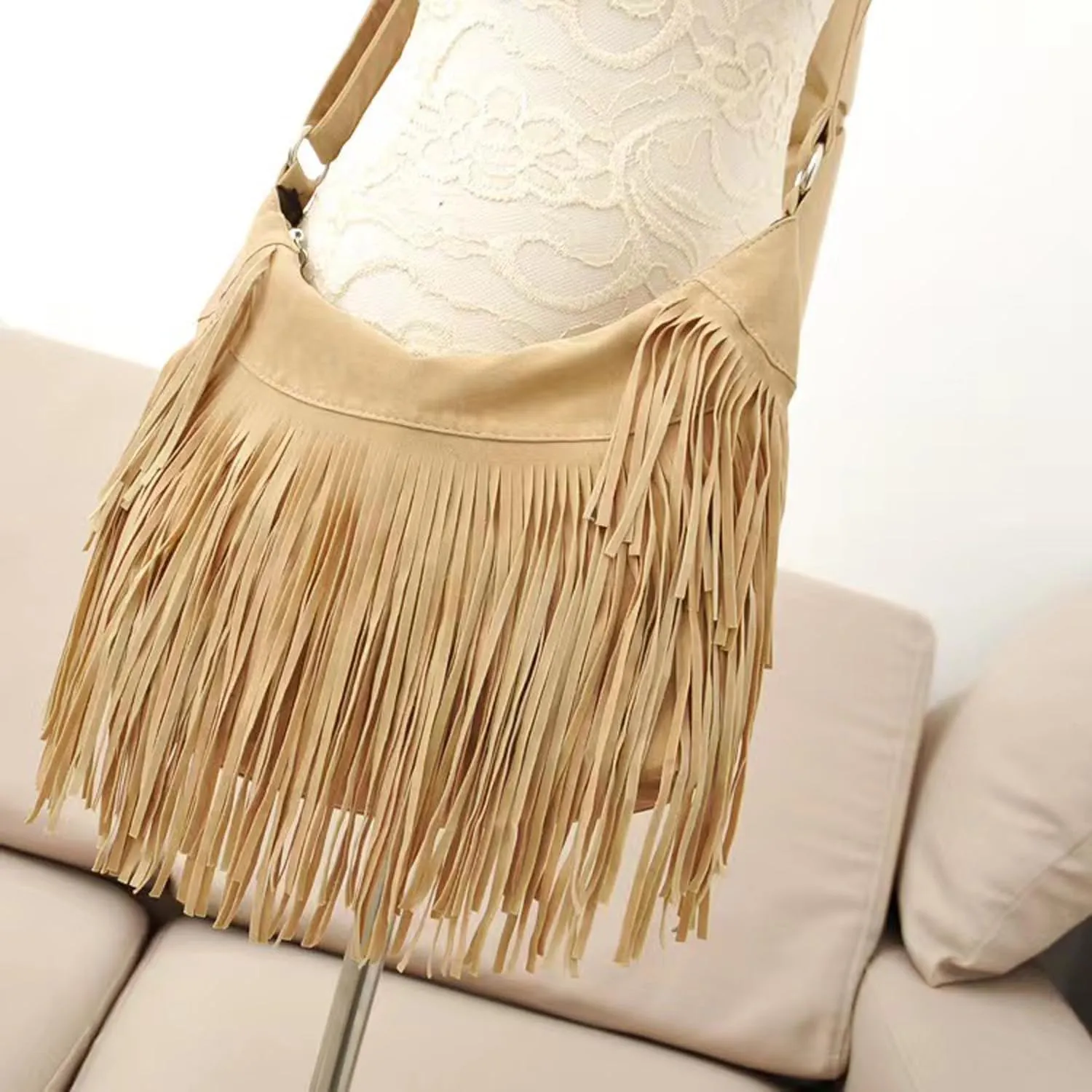Women Fashion Fringe Purse Crossbody Bags Vegan Suede Hippie Tassel Hobo Shoulder Bag Vintage Handbags