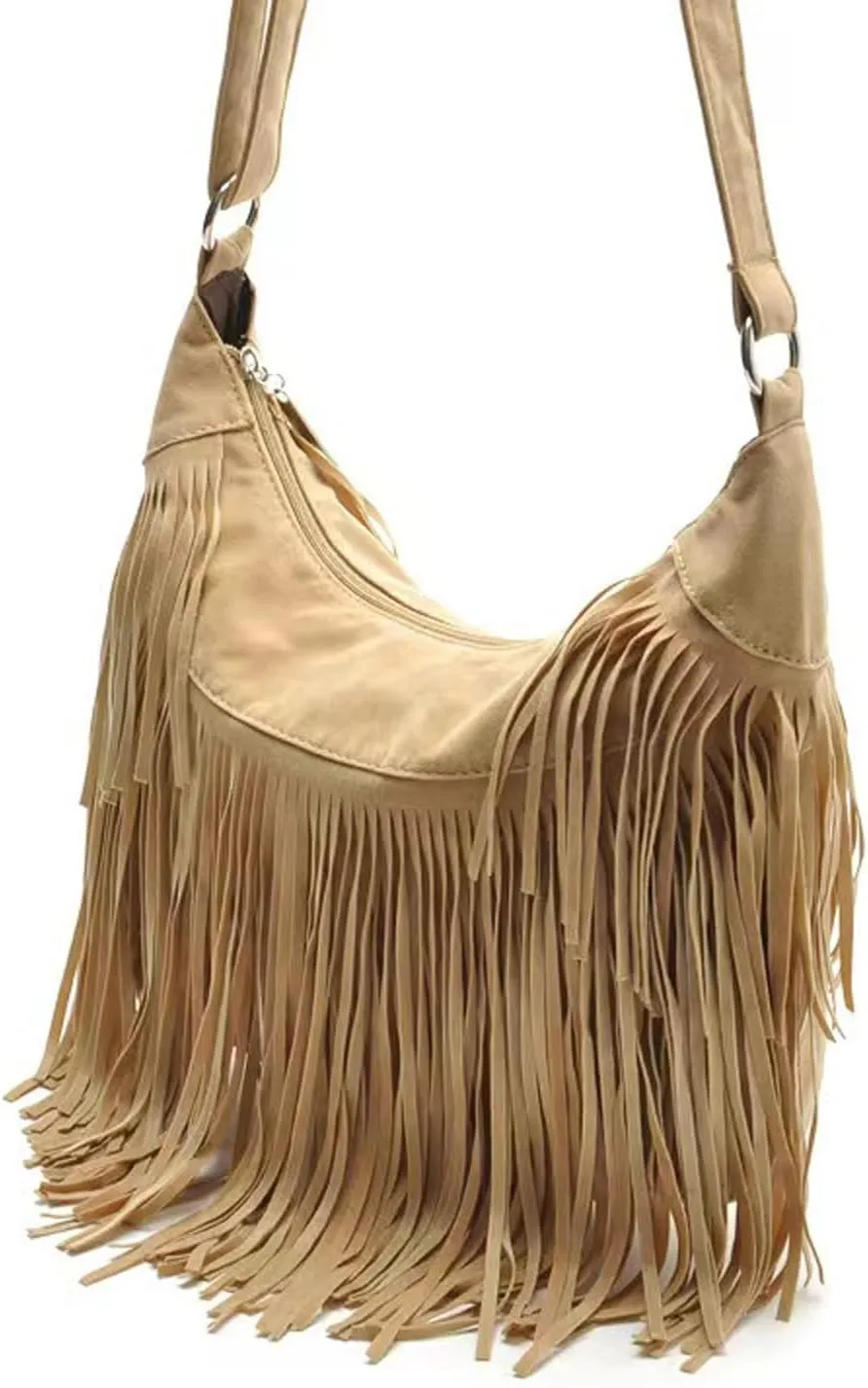 Women Fashion Fringe Purse Crossbody Bags Vegan Suede Hippie Tassel Hobo Shoulder Bag Vintage Handbags