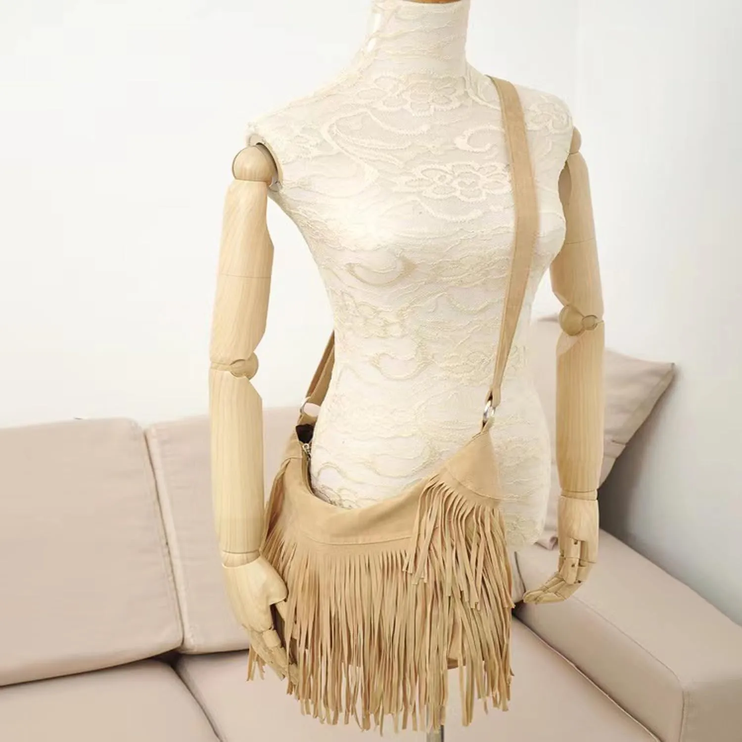 Women Fashion Fringe Purse Crossbody Bags Vegan Suede Hippie Tassel Hobo Shoulder Bag Vintage Handbags