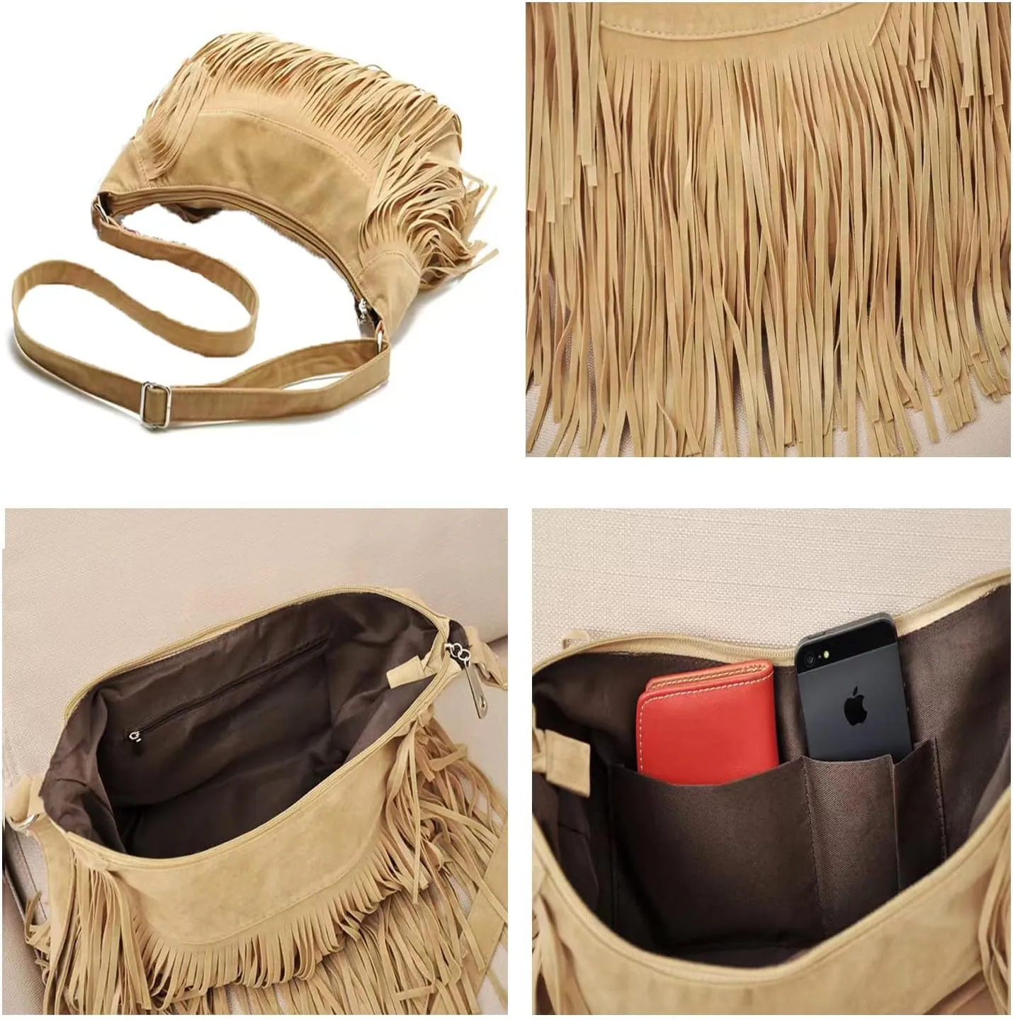 Women Fashion Fringe Purse Crossbody Bags Vegan Suede Hippie Tassel Hobo Shoulder Bag Vintage Handbags