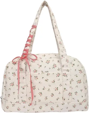 Women Floral Tote Bag with Multi Pocket Coquette Aesthetic Canvas Shoulder Bag Cute Y2K Bows Tie Purse Bag