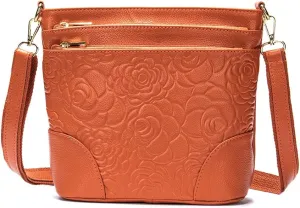 Women Genuine Leather Shoulder Bag Floral-Embossed Crossbody Bag Handbag Purse for Women
