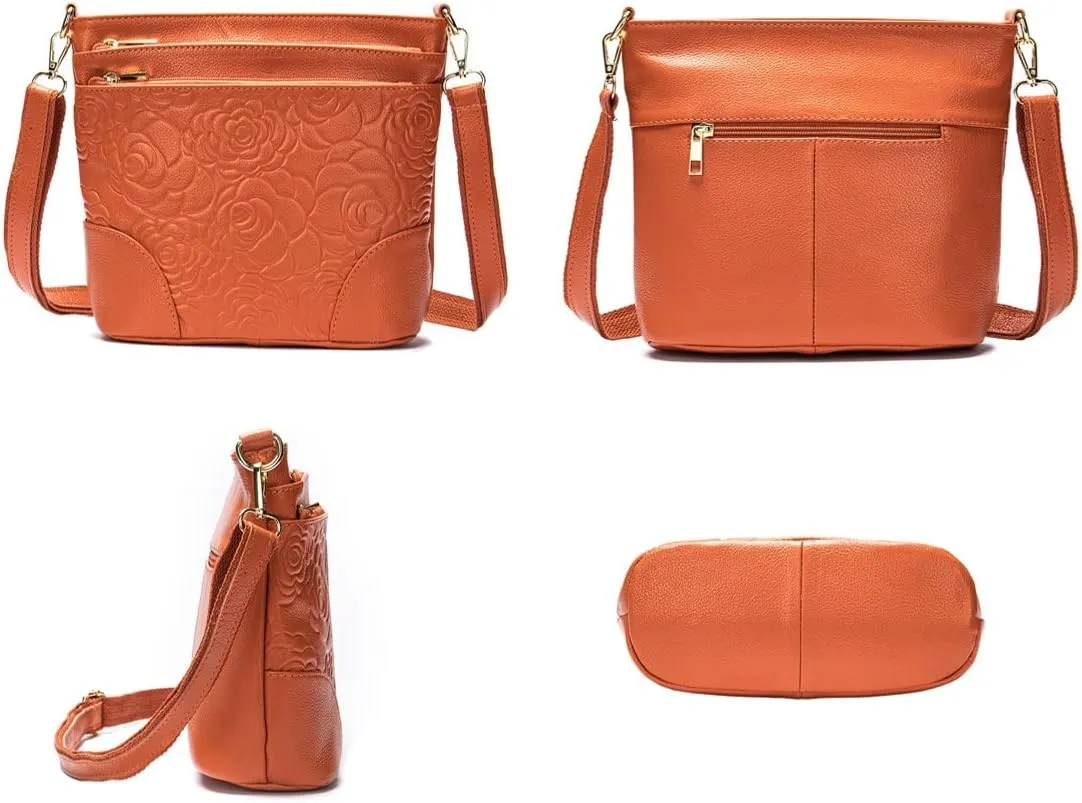 Women Genuine Leather Shoulder Bag Floral-Embossed Crossbody Bag Handbag Purse for Women