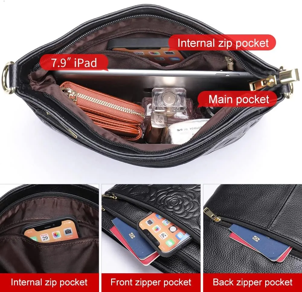 Women Genuine Leather Shoulder Bag Floral-Embossed Crossbody Bag Handbag Purse for Women