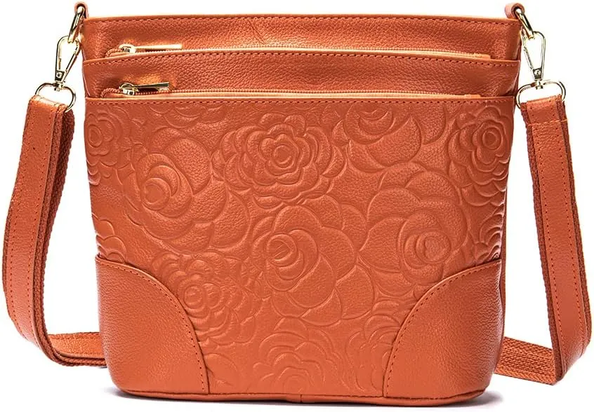 Women Genuine Leather Shoulder Bag Floral-Embossed Crossbody Bag Handbag Purse for Women
