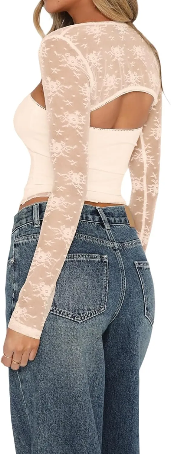 Women Lace Bolero Shrug See Through Floral Cardigan Sheer Mesh Cropped Y2K Going Out Tops