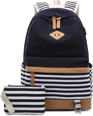 Women Laptop Backpack High School Bookbag 15.6 inch Casual Travel College Canvas with USB Charging Port (1-Black)
