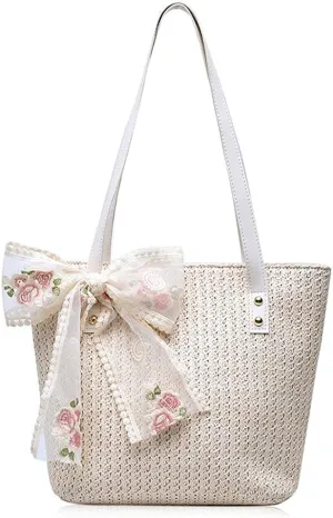 Women Large Straw Beach Tote Bag Summer Hand-woven Bags Shoulder Bag Leather Handle Beach Handbags with Cute Lace Bow Small (White)
