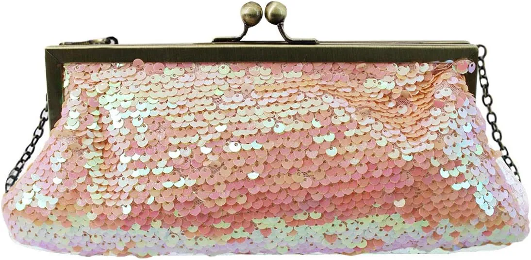 Women Mini Glitter Mermaid Sequin Evening Clutch Handbag Chain Strap Cross-body Bag Kissing Lock
