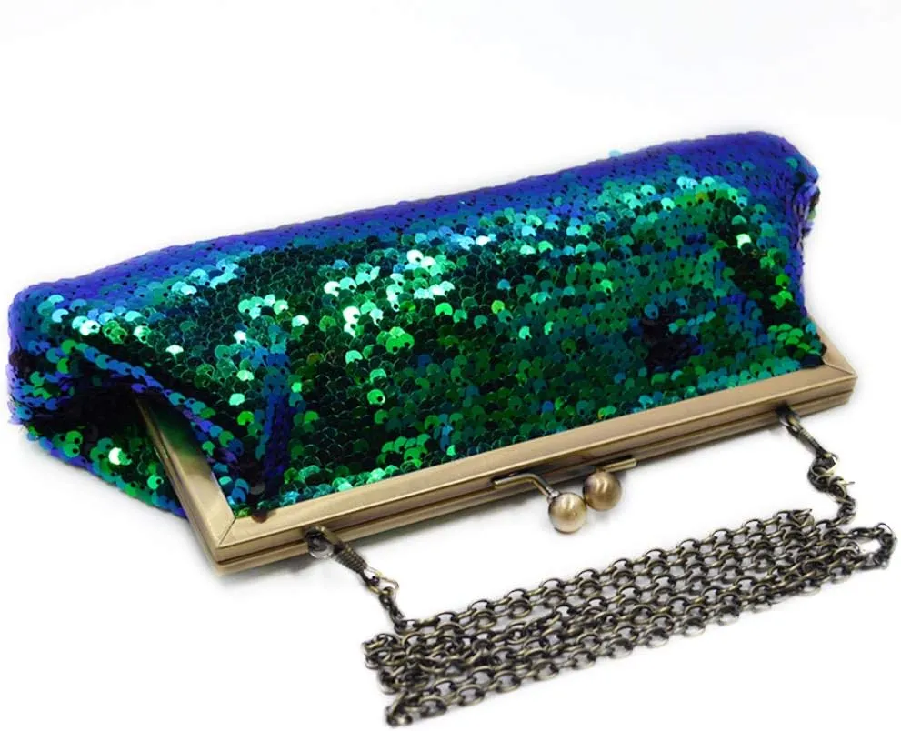 Women Mini Glitter Mermaid Sequin Evening Clutch Handbag Chain Strap Cross-body Bag Kissing Lock