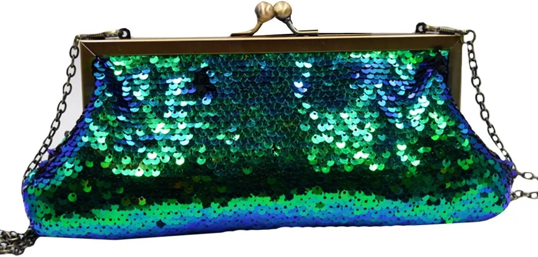 Women Mini Glitter Mermaid Sequin Evening Clutch Handbag Chain Strap Cross-body Bag Kissing Lock