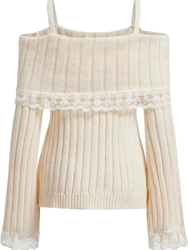 Women Off Shoulder Sweater Top Y2K Aesthetic Long Sleeve Lace Trim Knit Pullover Sweater Cutecore Kawaii Clothes