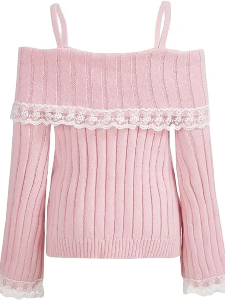 Women Off Shoulder Sweater Top Y2K Aesthetic Long Sleeve Lace Trim Knit Pullover Sweater Cutecore Kawaii Clothes