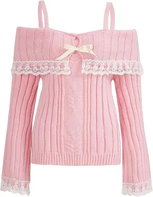 Women Off Shoulder Sweater Top Y2K Aesthetic Long Sleeve Lace Trim Knit Pullover Sweater Cutecore Kawaii Clothes