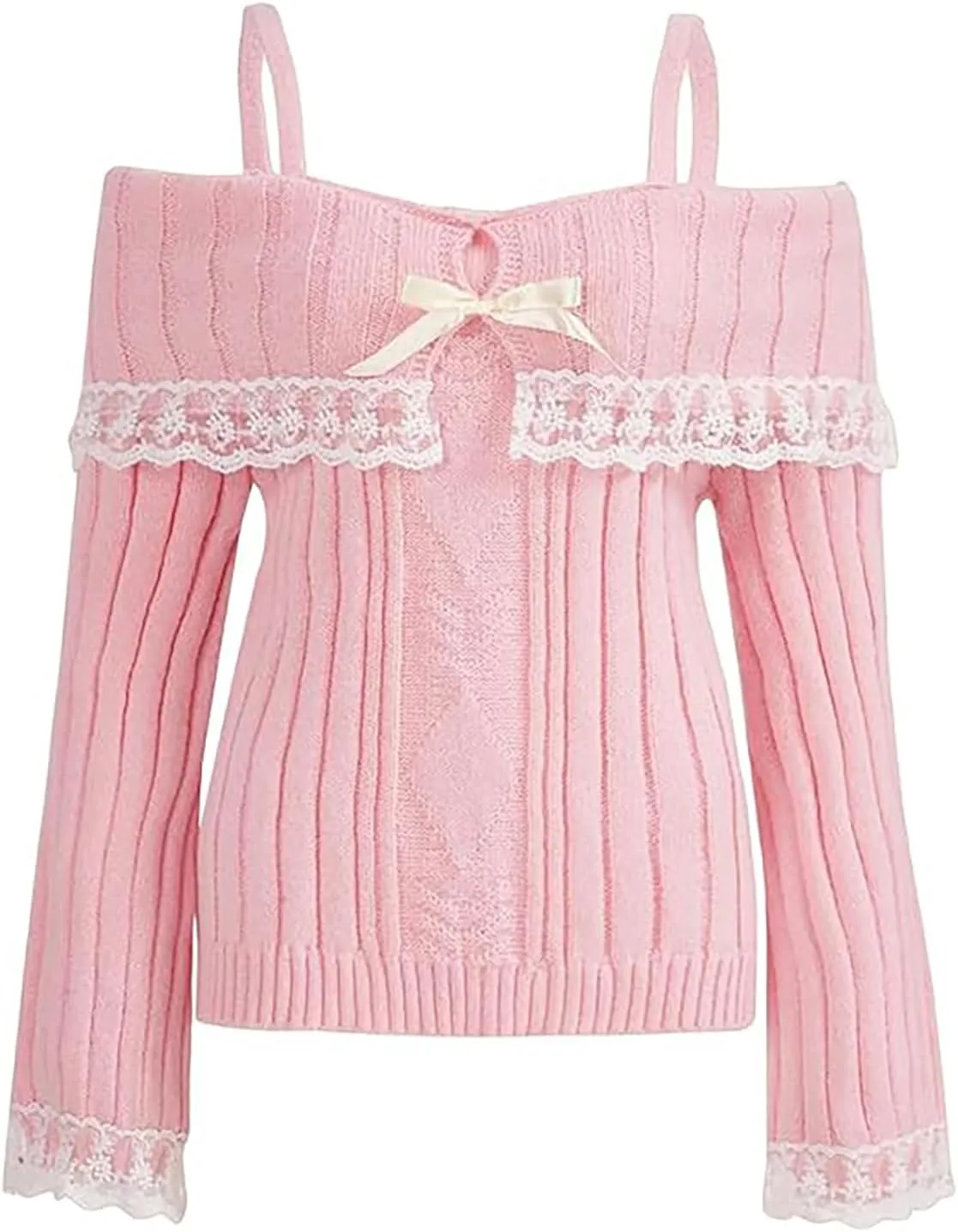 Women Off Shoulder Sweater Top Y2K Aesthetic Long Sleeve Lace Trim Knit Pullover Sweater Cutecore Kawaii Clothes