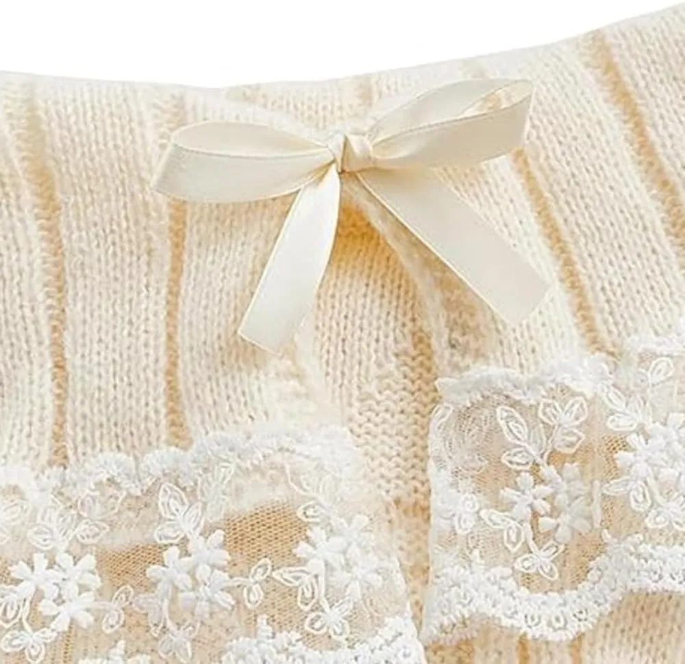 Women Off Shoulder Sweater Top Y2K Aesthetic Long Sleeve Lace Trim Knit Pullover Sweater Cutecore Kawaii Clothes